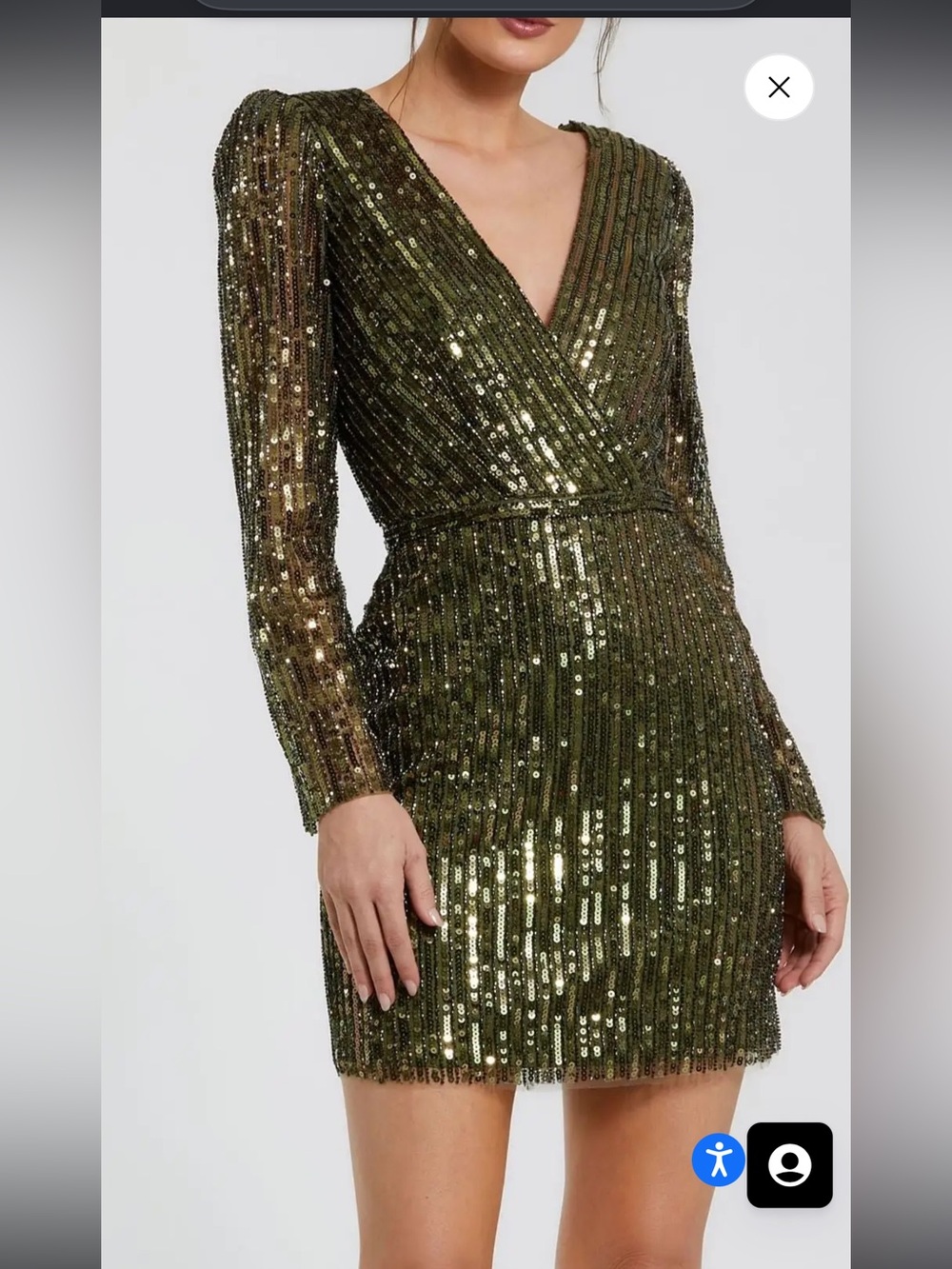 Mac Duggal Olive Green Sequined Long Sleeve V-Neck Mini Dress